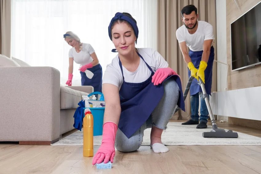 Team deep cleaning a living room